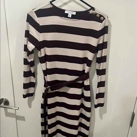 Ann Taylor Brown/Maroon and Cream Striped Long Sleeve Dress